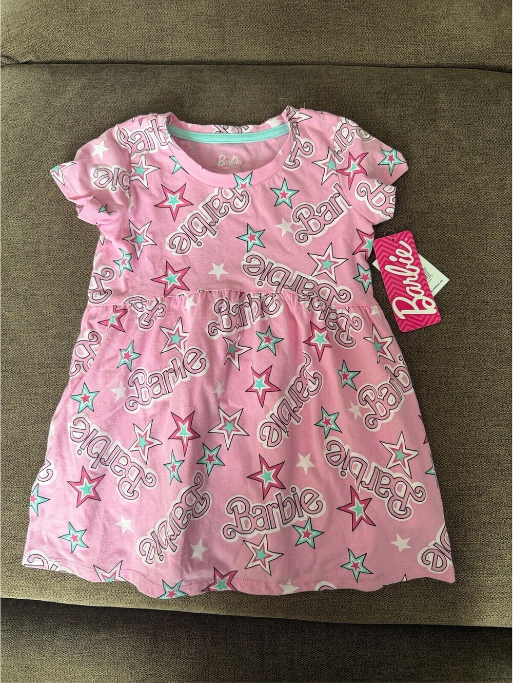 Barbie Toddler Girl Pink Short Sleeve Allover Logo Print Skater Dress